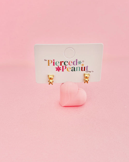 gold bear shaped hypoallergenic screwback stud earrings made by The Pierced Peanut for kids