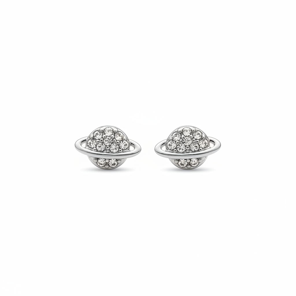 Silver planet stud earrings on white background