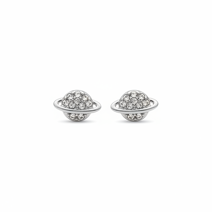 Silver planet stud earrings on white background