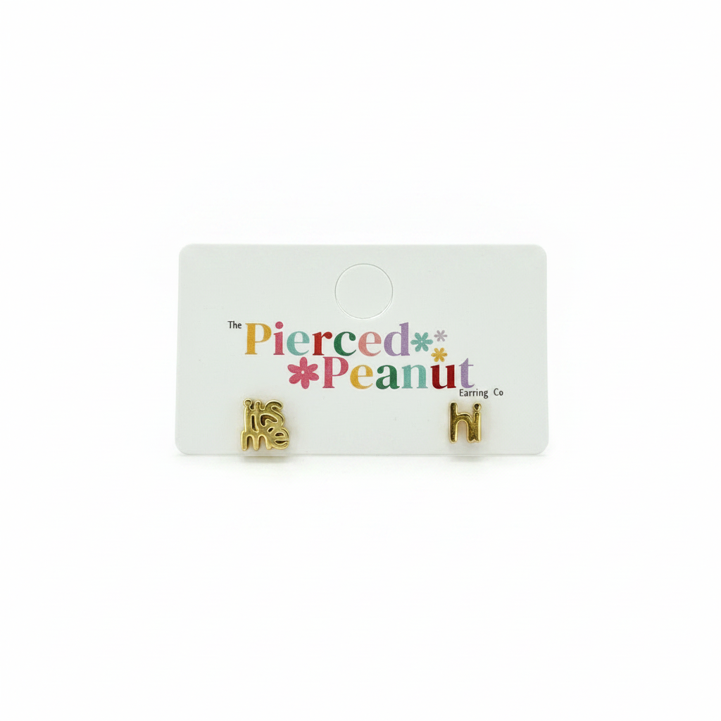 Its Me Hi stud earrings on white background