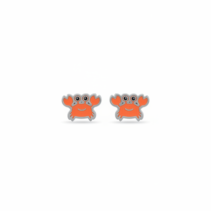 Silver crab stud earrings on white background
