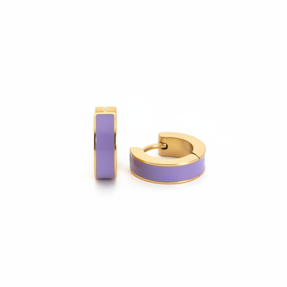 A pair of kids small hypoallergenic gold hoop earrings with a smooth purple enamel inlay, on a white background. The earrings are from the brand The Pierced Peanut Earring Co in New Zealand, NZ.