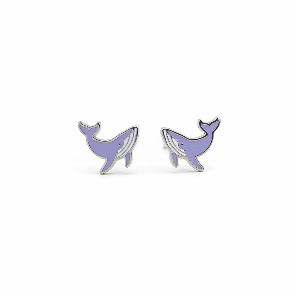 Kids hypoallergenic silver whale screwback stud earrings on white background