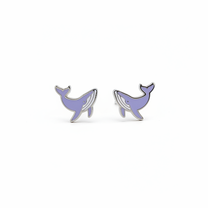 Kids hypoallergenic silver whale screwback stud earrings on white background
