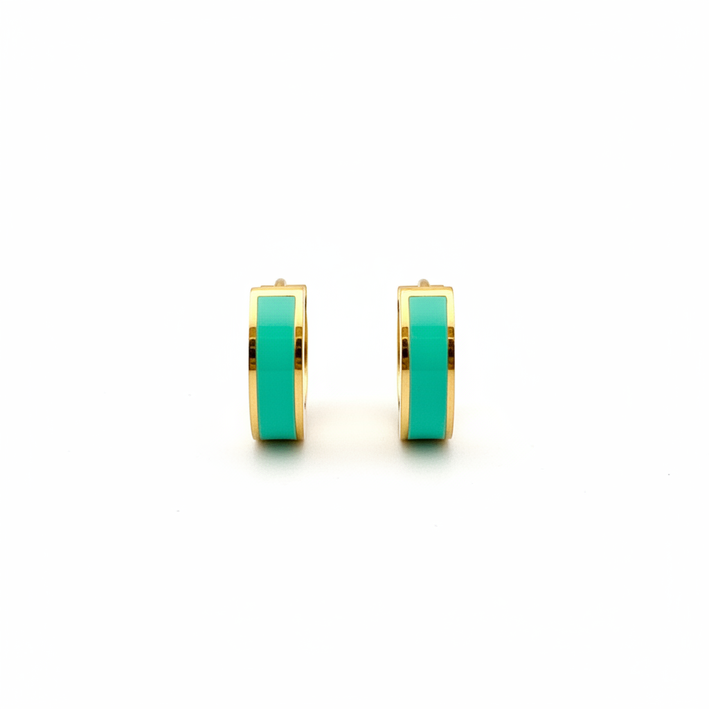 Aqua green huggie earrings on white background from the Pierced Peanut earring company in nz.