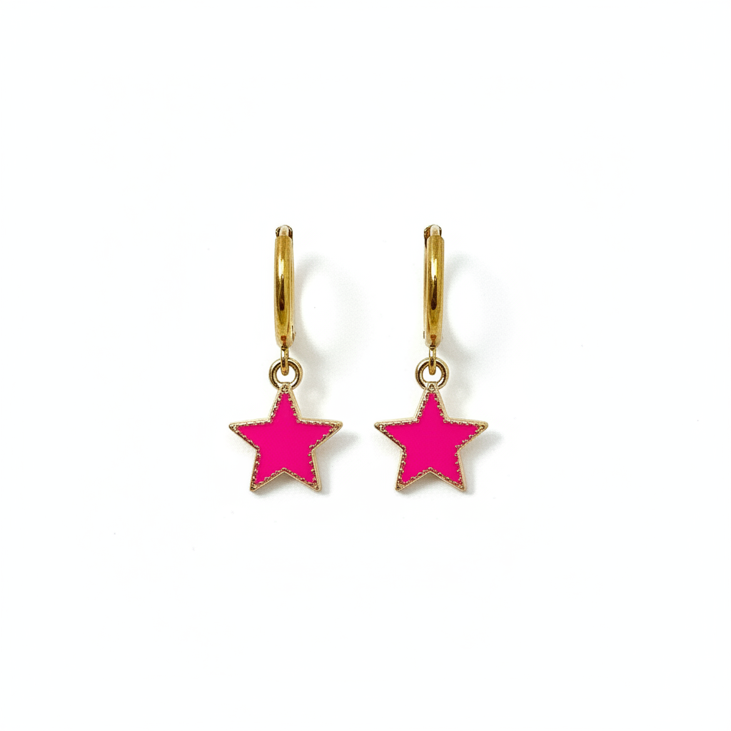 Pink star huggie earrings on white background